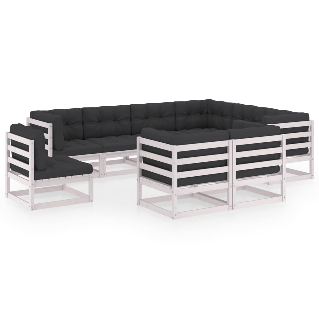 9-tlg. Garten-Lounge-Set mit Kissen Weiss Kiefer Massivholz